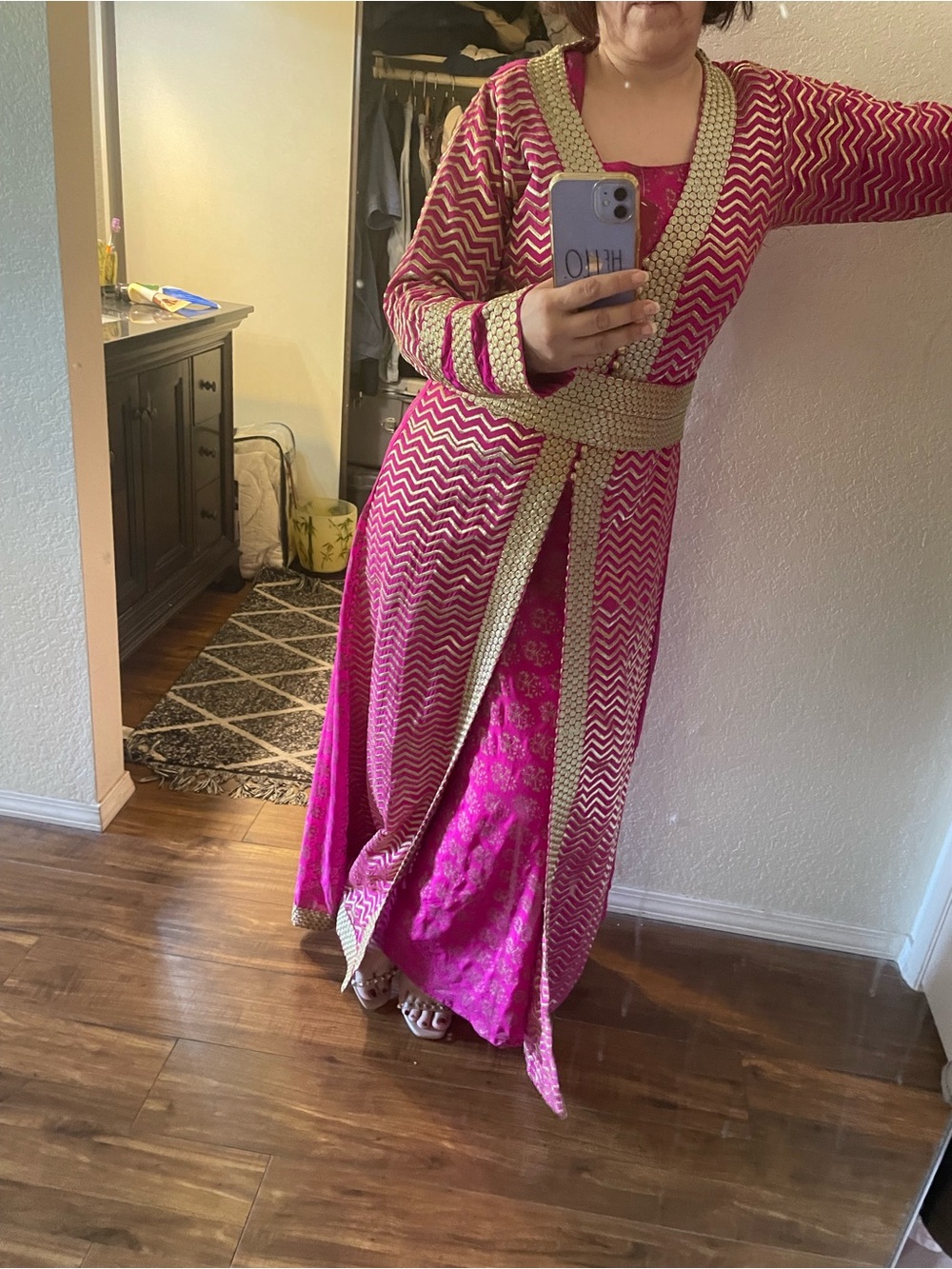 Women’s Pink Embellished Long kaftan inner dress with Gold Trim